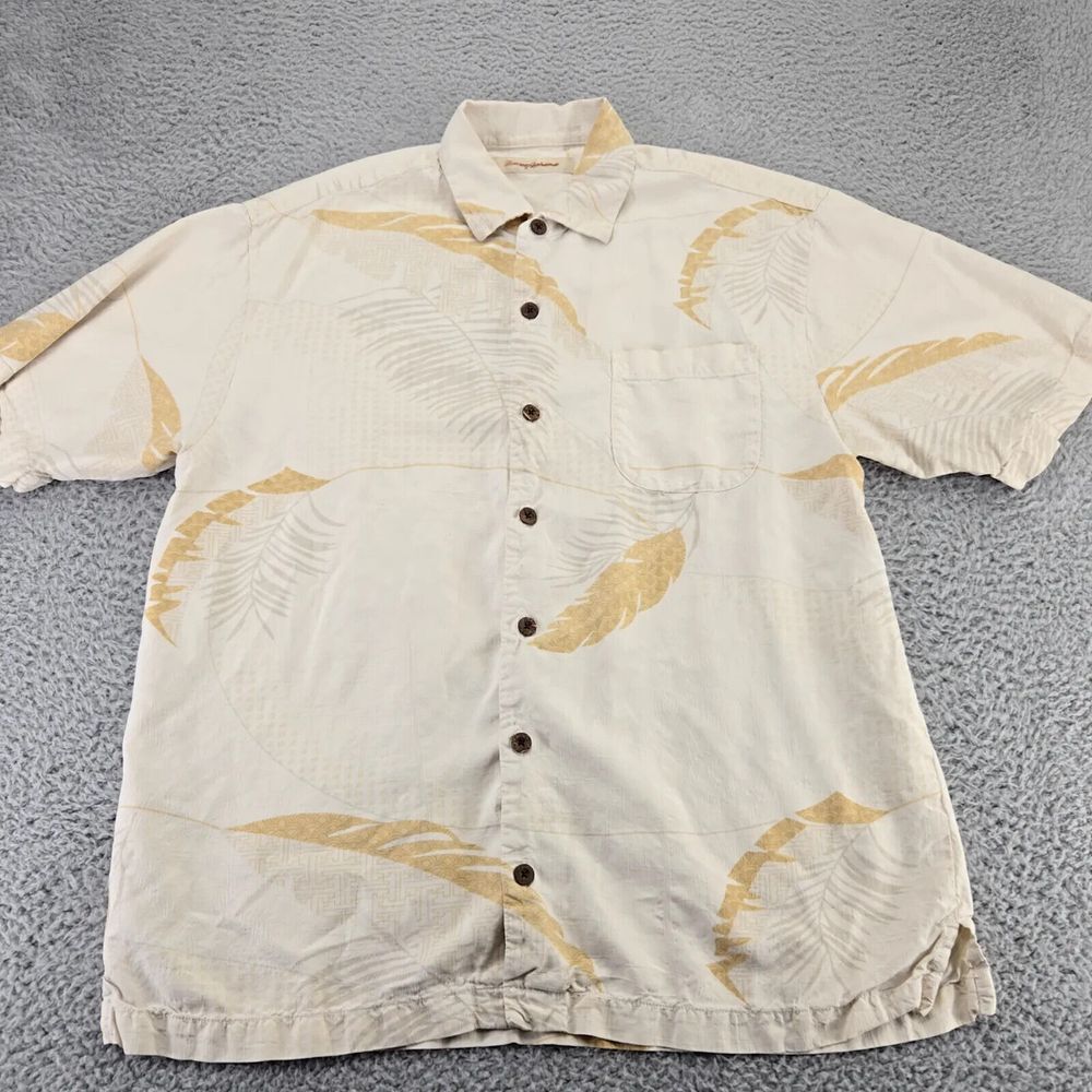 Tommy Bahama Shirt Mens‎ Large Tan Silk Floral Textured Button Up Camp Pocket